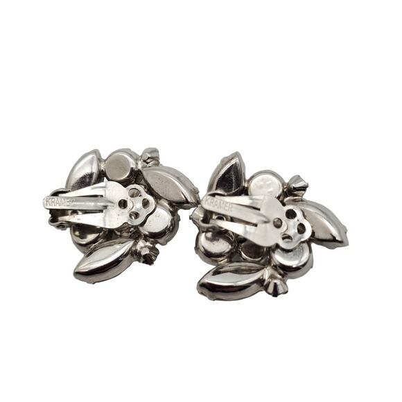 Kramer NY Rhinestone Earrings Cluster Clip On Silver Tone Vintage 1960s Jewelry - Picture 9 of 9